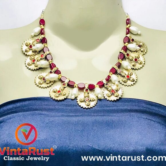 Pearls and Beads Jewelry Set, Handmade Coins Jewelry Set With Glass Stones, - Picture 10 of 12